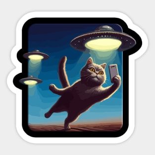 Cute Black Cat Making Selfie With UFOs Behind Sticker